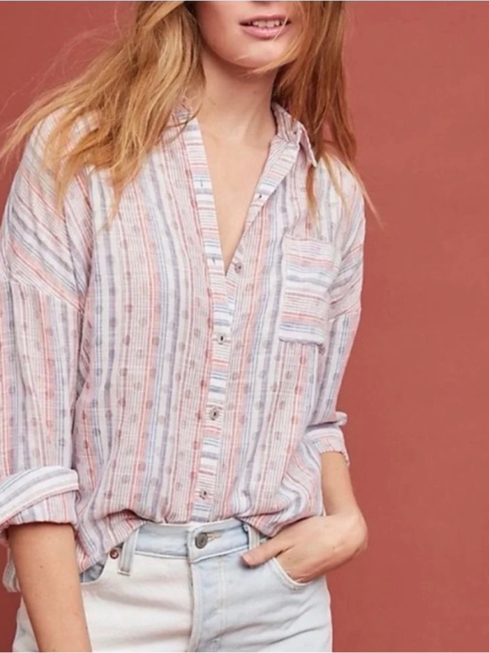 Maeve Anthropologie Striped Button-Down Shirt in red and Blue with polka dots